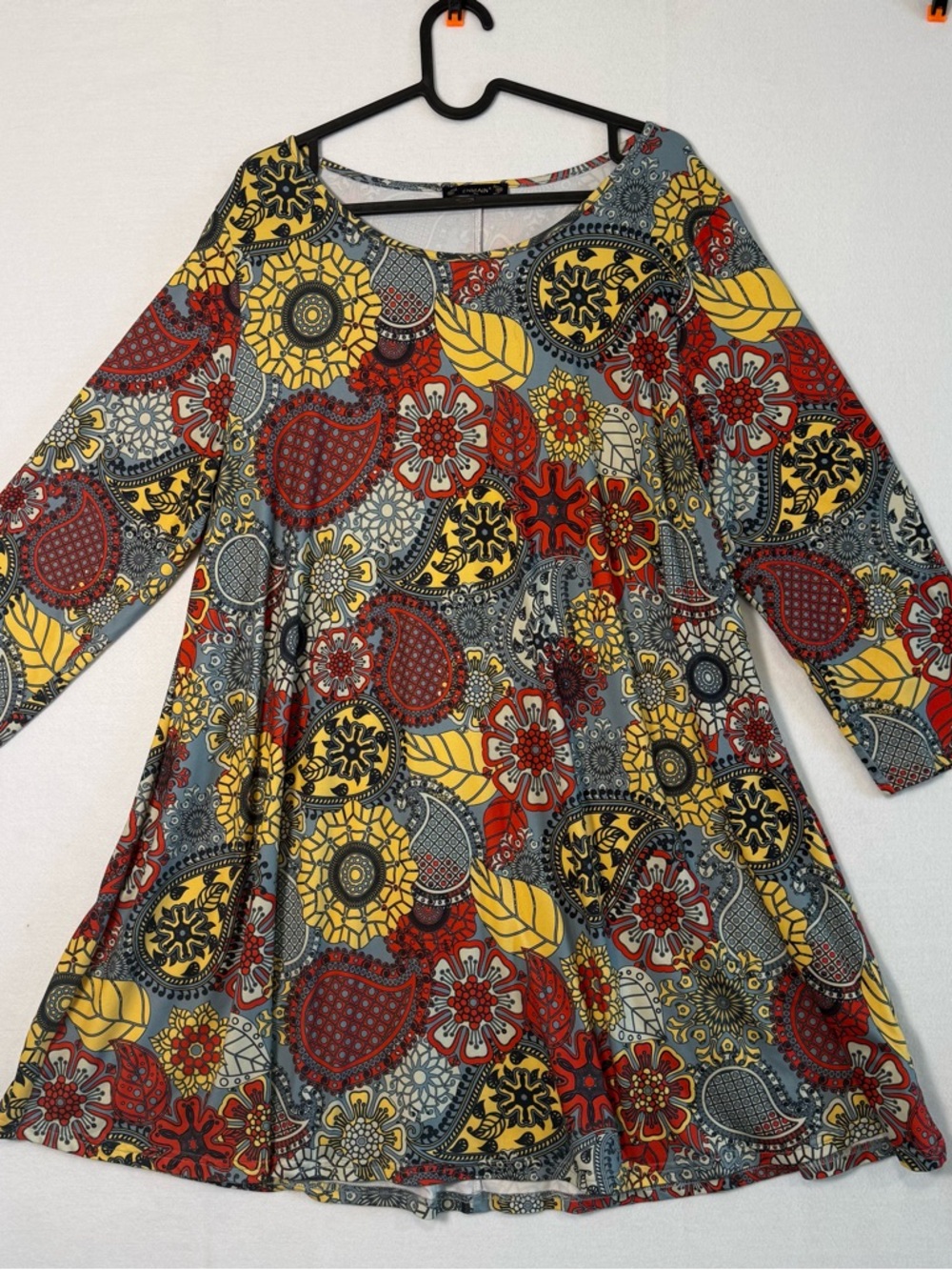 Enmain Printed Mini Dress in Yellow, Red & Gray Size XL Boho Maximalism Flowy